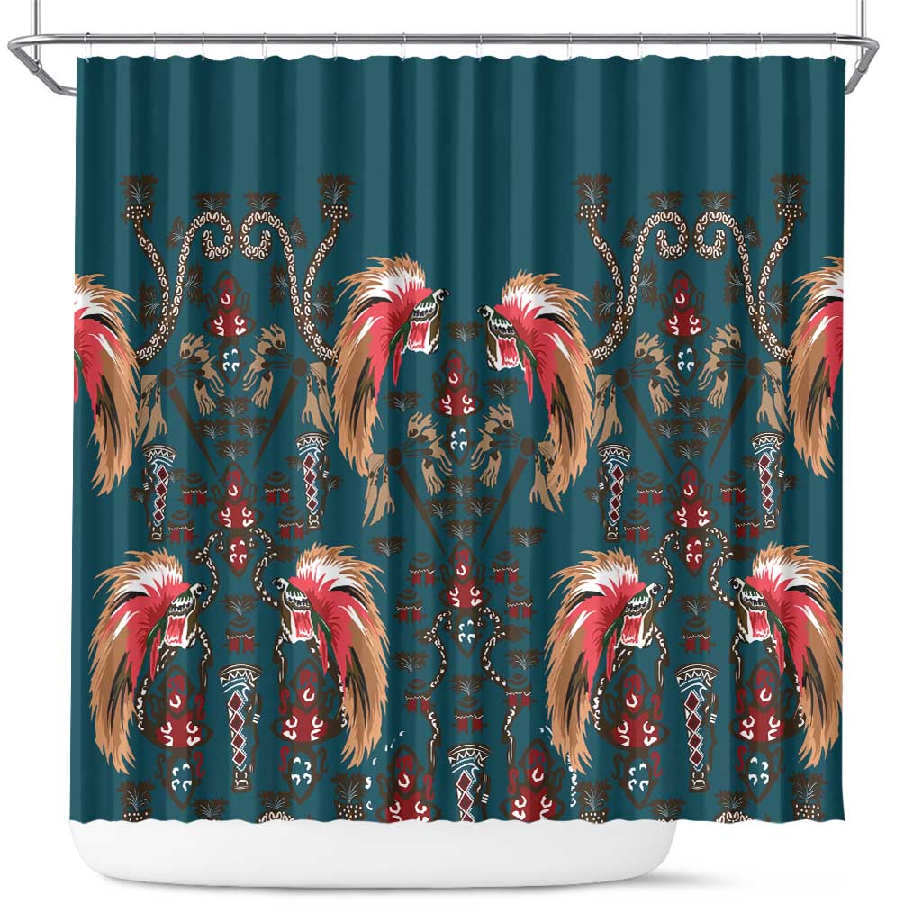 Dark Cyan Blue Bird of Batik Papua Shower Curtain Exotic Natural Wealth of Papua - Polynesian Pride