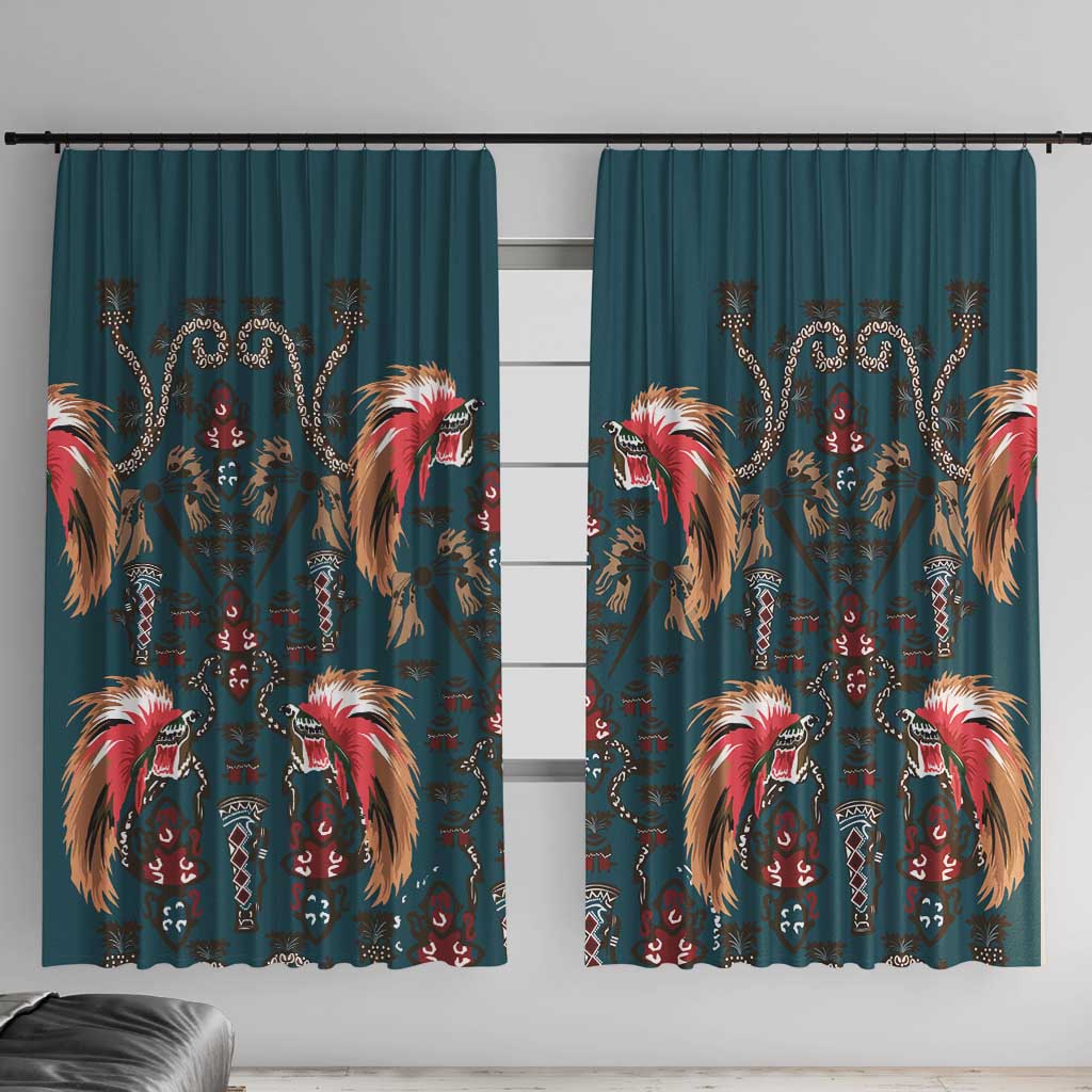 Dark Cyan Blue Bird of Batik Papua Window Curtain Exotic Natural Wealth of Papua - Polynesian Pride