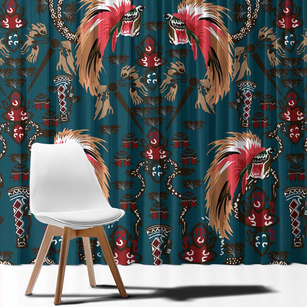 Dark Cyan Blue Bird of Batik Papua Window Curtain Exotic Natural Wealth of Papua - Polynesian Pride