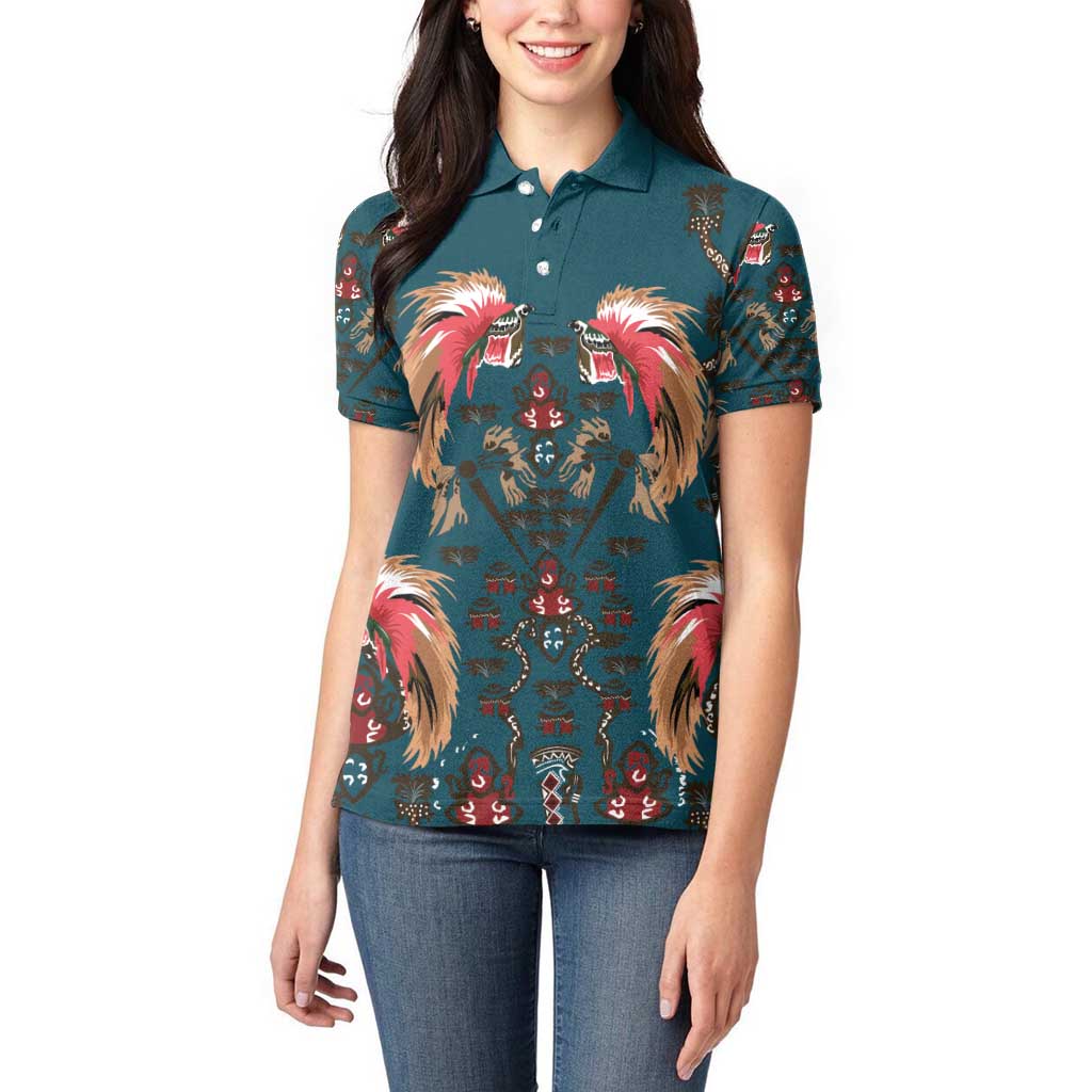 Dark Cyan Blue Bird of Batik Papua Women Polo Shirt Exotic Natural Wealth of Papua - Polynesian Pride