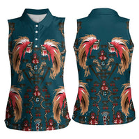 Dark Cyan Blue Bird of Batik Papua Women Sleeveless Polo Shirt Exotic Natural Wealth of Papua - Polynesian Pride