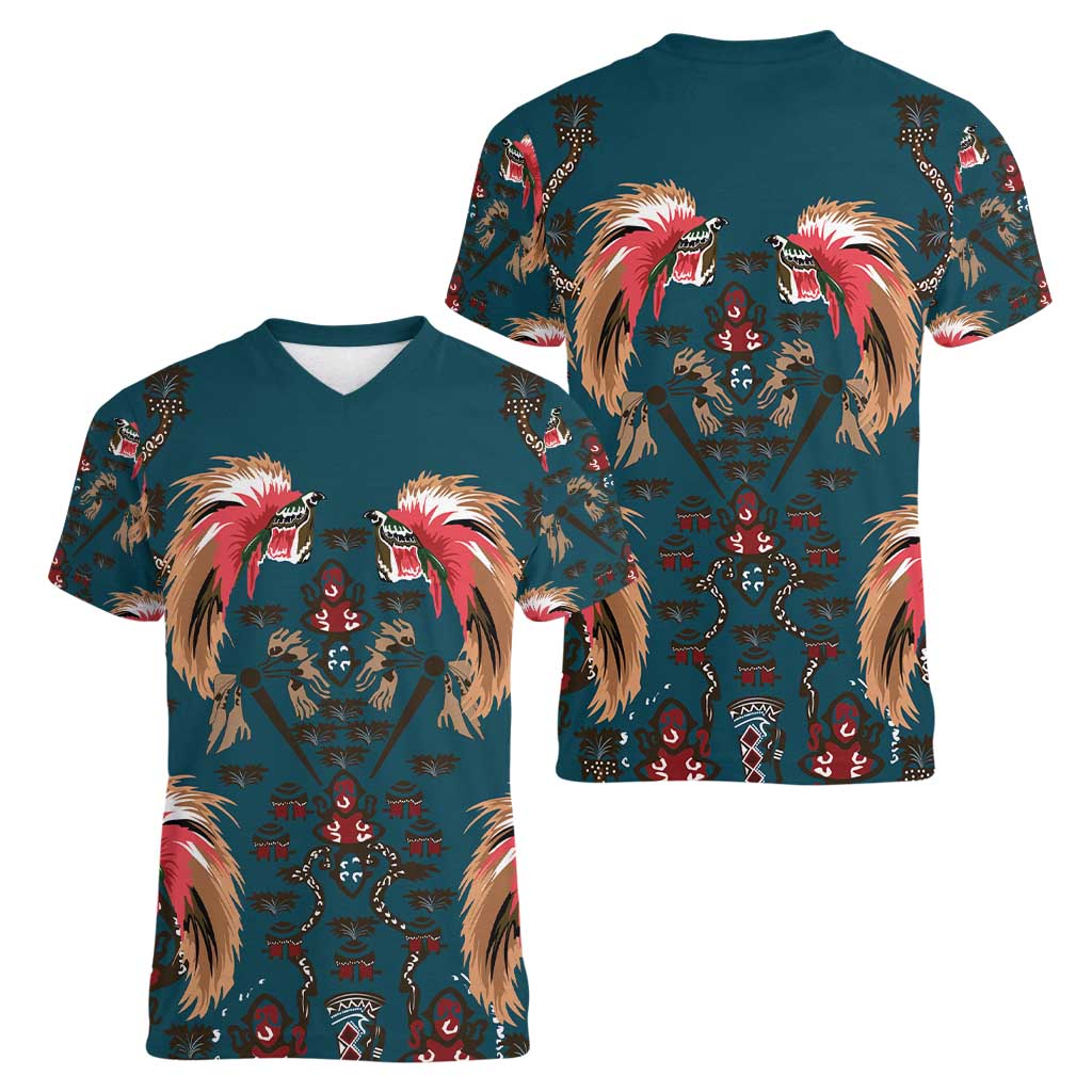 Dark Cyan Blue Bird of Batik Papua Women V-Neck T-Shirt Exotic Natural Wealth of Papua - Polynesian Pride