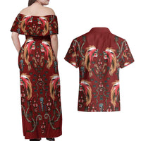 Oxblood Bird of Batik Papua Couples Matching Off Shoulder Maxi Dress and Hawaiian Shirt Exotic Natural Wealth of Papua - Polynesian Pride
