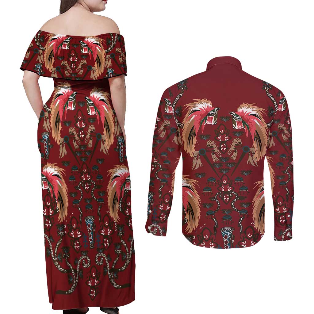 Oxblood Bird of Batik Papua Couples Matching Off Shoulder Maxi Dress and Long Sleeve Button Shirt Exotic Natural Wealth of Papua LT9 - Polynesian Pride