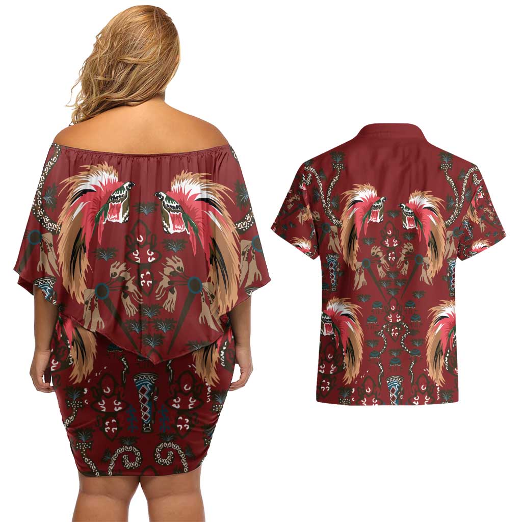 Oxblood Bird of Batik Papua Couples Matching Off Shoulder Short Dress and Hawaiian Shirt Exotic Natural Wealth of Papua - Polynesian Pride