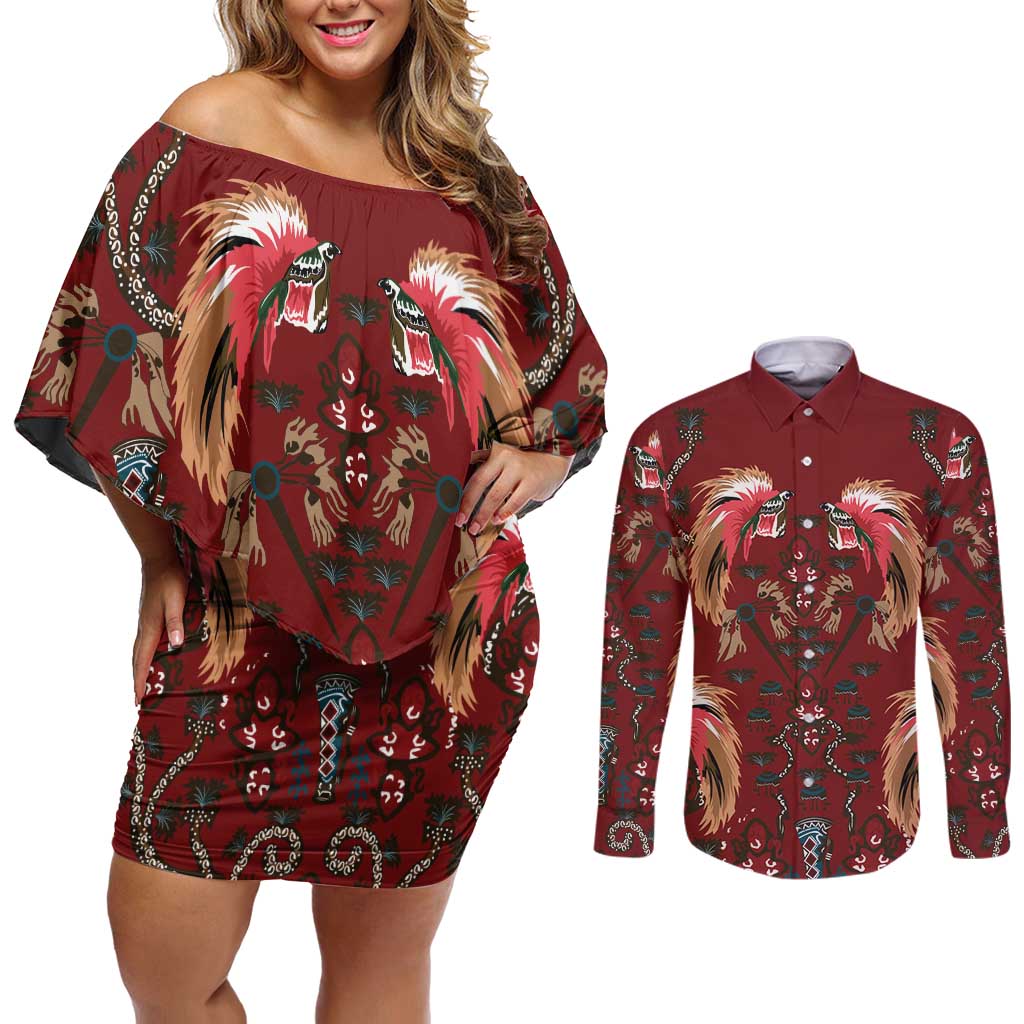 Oxblood Bird of Batik Papua Couples Matching Off Shoulder Short Dress and Long Sleeve Button Shirt Exotic Natural Wealth of Papua - Polynesian Pride