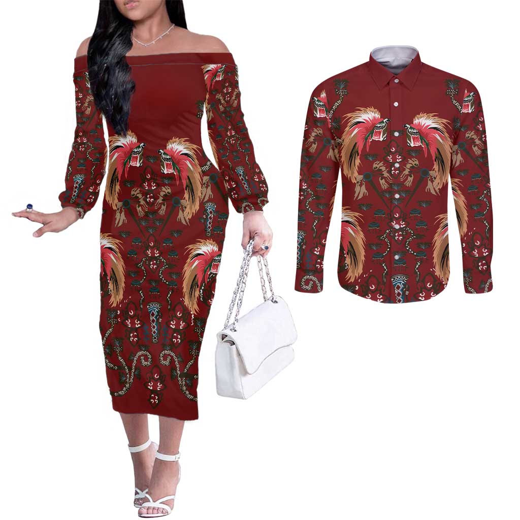 Oxblood Bird of Batik Papua Couples Matching Off The Shoulder Long Sleeve Dress and Long Sleeve Button Shirt Exotic Natural Wealth of Papua - Polynesian Pride