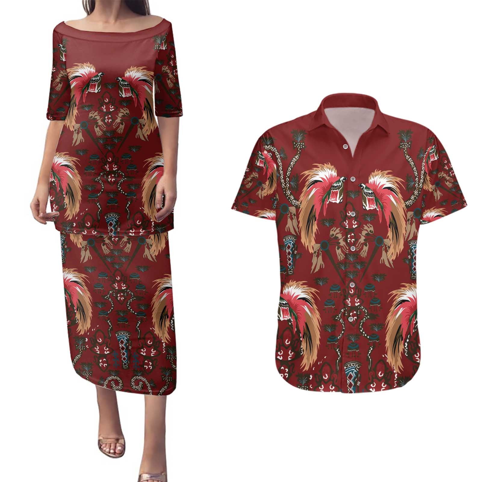 Oxblood Bird of Batik Papua Couples Matching Puletasi and Hawaiian Shirt Exotic Natural Wealth of Papua - Polynesian Pride