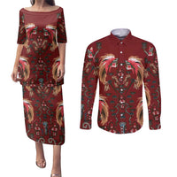 Oxblood Bird of Batik Papua Couples Matching Puletasi and Long Sleeve Button Shirt Exotic Natural Wealth of Papua - Polynesian Pride