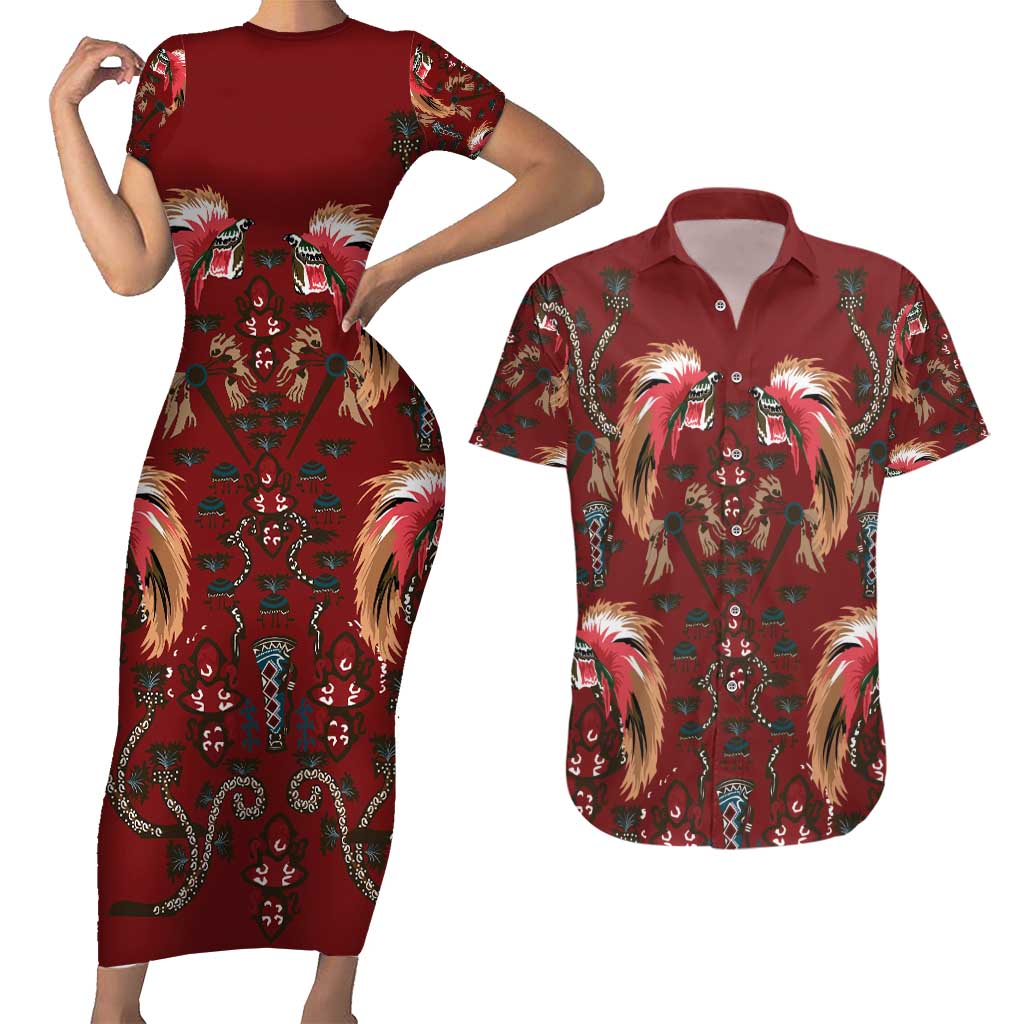 Oxblood Bird of Batik Papua Couples Matching Short Sleeve Bodycon Dress and Hawaiian Shirt Exotic Natural Wealth of Papua - Polynesian Pride