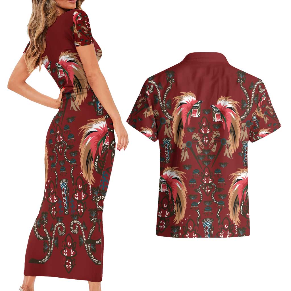 Oxblood Bird of Batik Papua Couples Matching Short Sleeve Bodycon Dress and Hawaiian Shirt Exotic Natural Wealth of Papua - Polynesian Pride