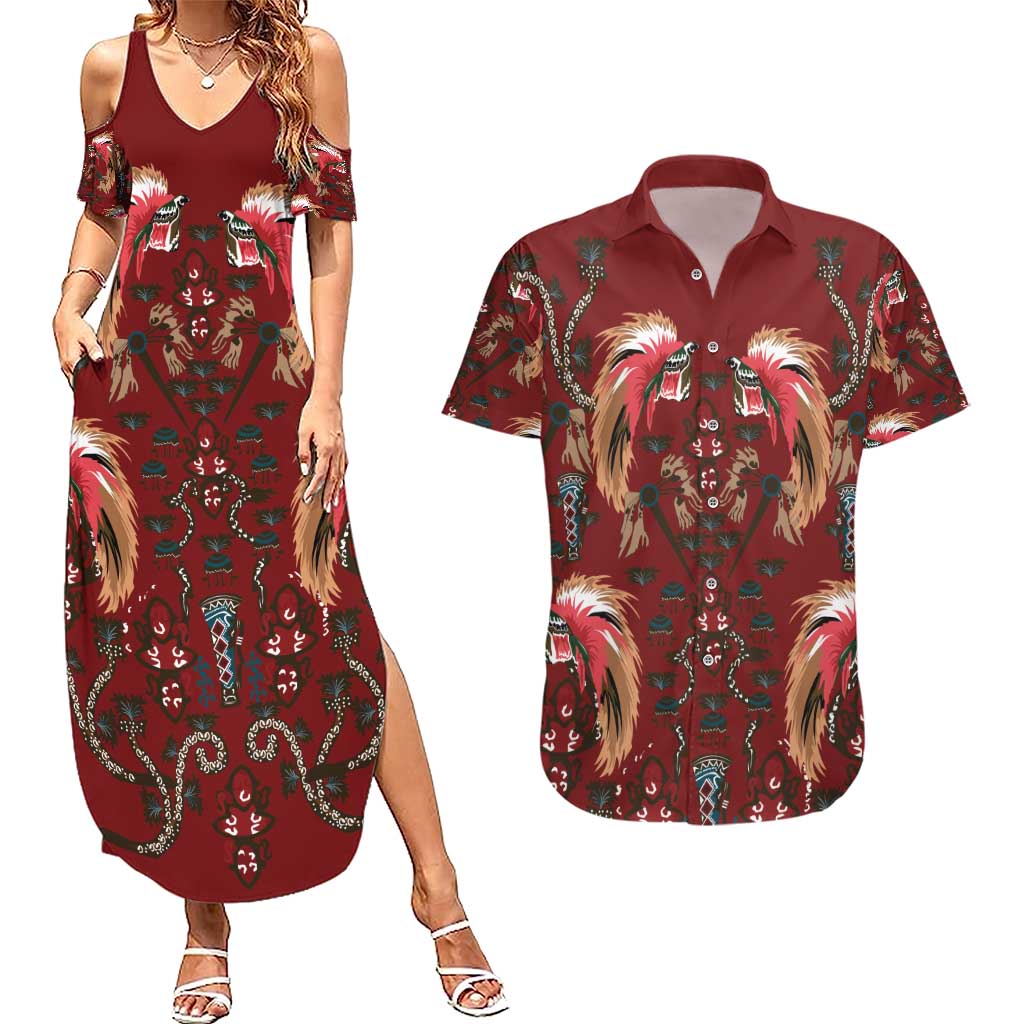 Oxblood Bird of Batik Papua Couples Matching Summer Maxi Dress and Hawaiian Shirt Exotic Natural Wealth of Papua - Polynesian Pride