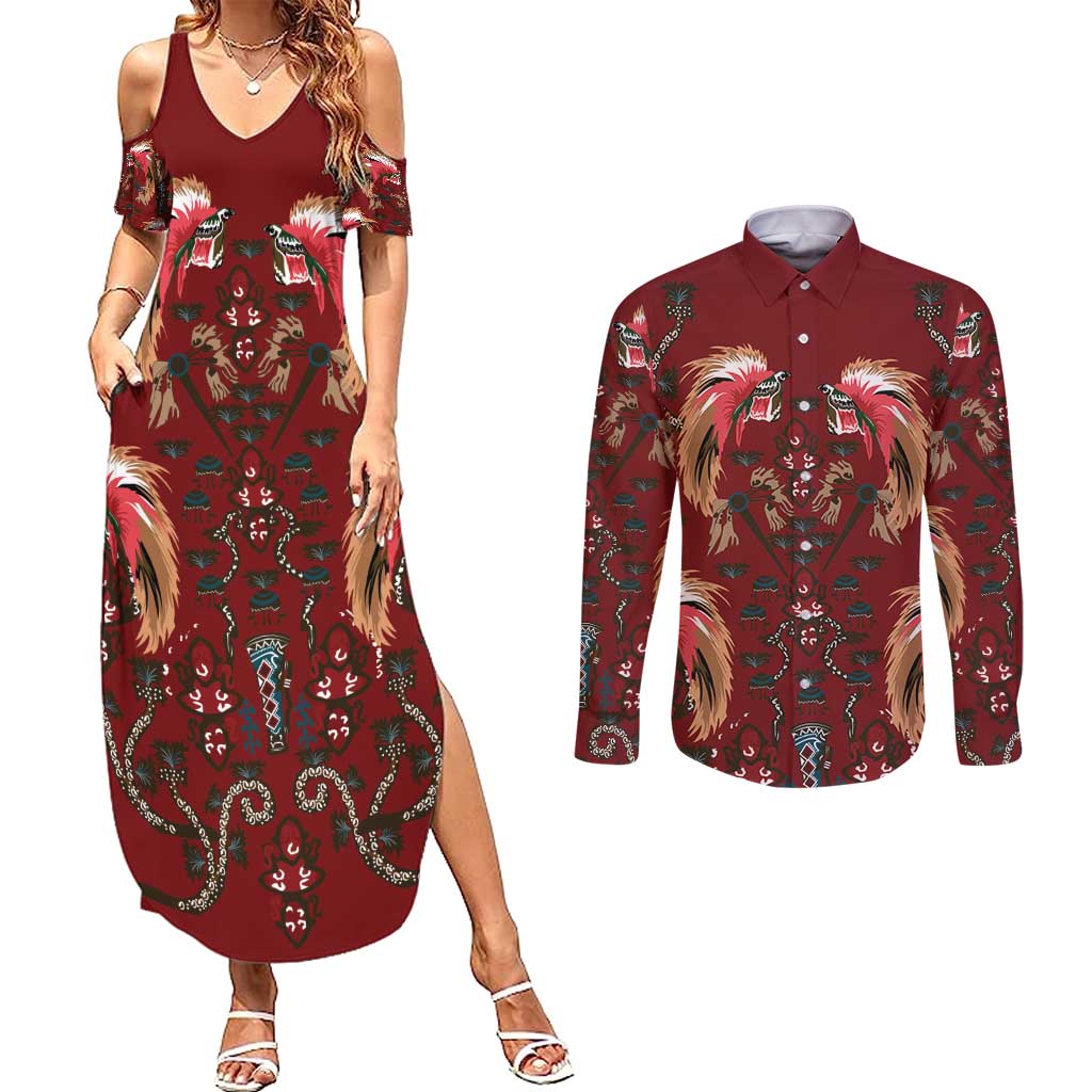 Oxblood Bird of Batik Papua Couples Matching Summer Maxi Dress and Long Sleeve Button Shirt Exotic Natural Wealth of Papua - Polynesian Pride