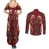 Oxblood Bird of Batik Papua Couples Matching Summer Maxi Dress and Long Sleeve Button Shirt Exotic Natural Wealth of Papua LT9 - Polynesian Pride