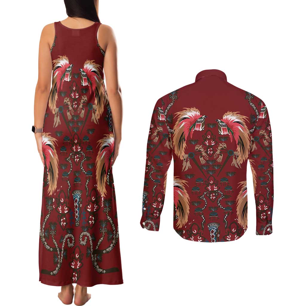 Oxblood Bird of Batik Papua Couples Matching Tank Maxi Dress and Long Sleeve Button Shirt Exotic Natural Wealth of Papua - Polynesian Pride