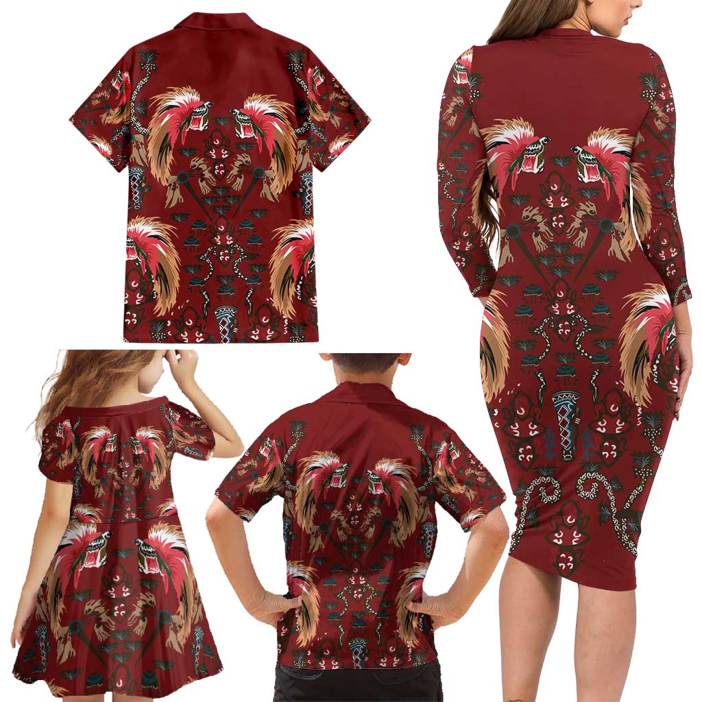 Oxblood Bird of Batik Papua Family Matching Long Sleeve Bodycon Dress and Hawaiian Shirt Exotic Natural Wealth of Papua LT9 - Polynesian Pride