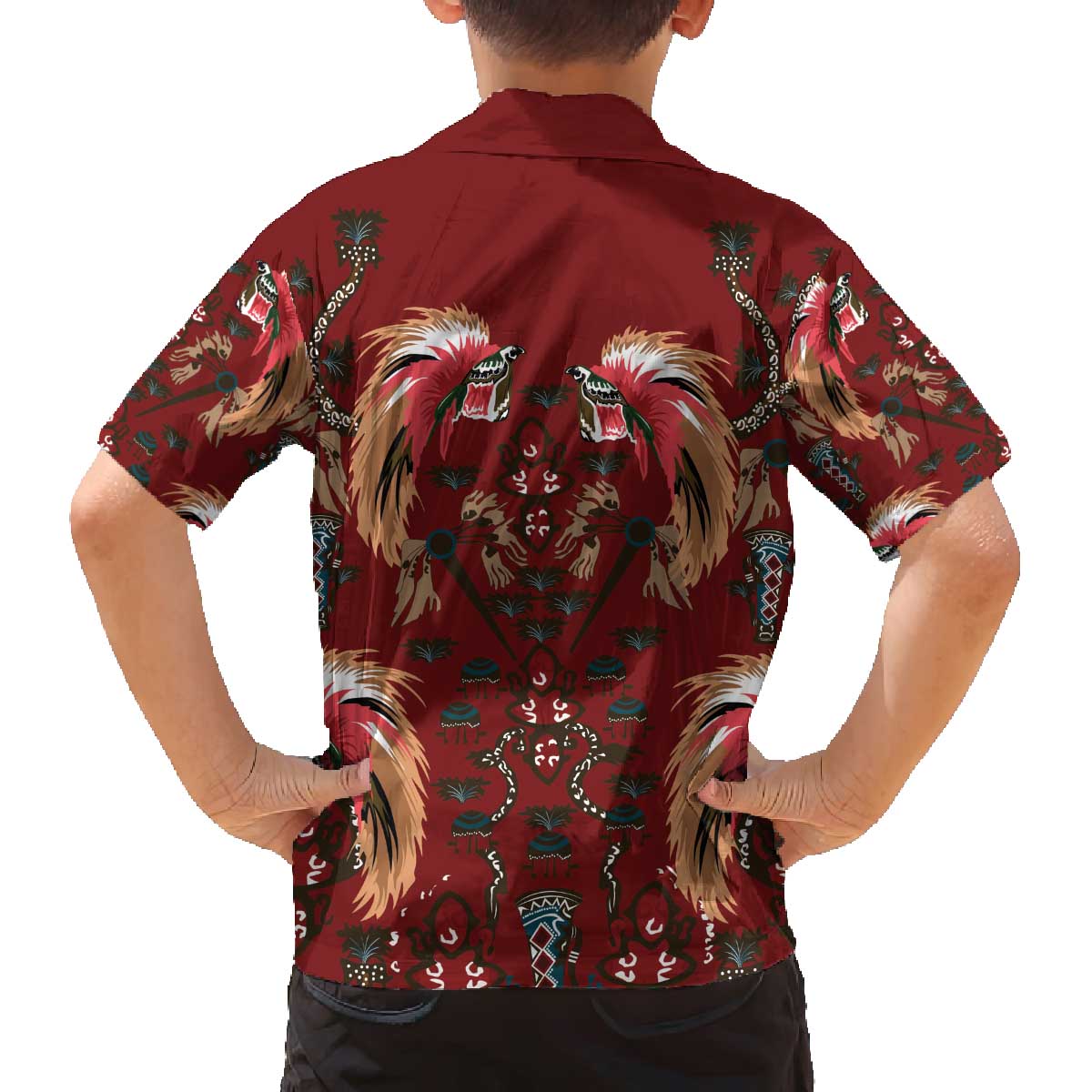 Oxblood Bird of Batik Papua Family Matching Off The Shoulder Long Sleeve Dress and Hawaiian Shirt Exotic Natural Wealth of Papua - Polynesian Pride