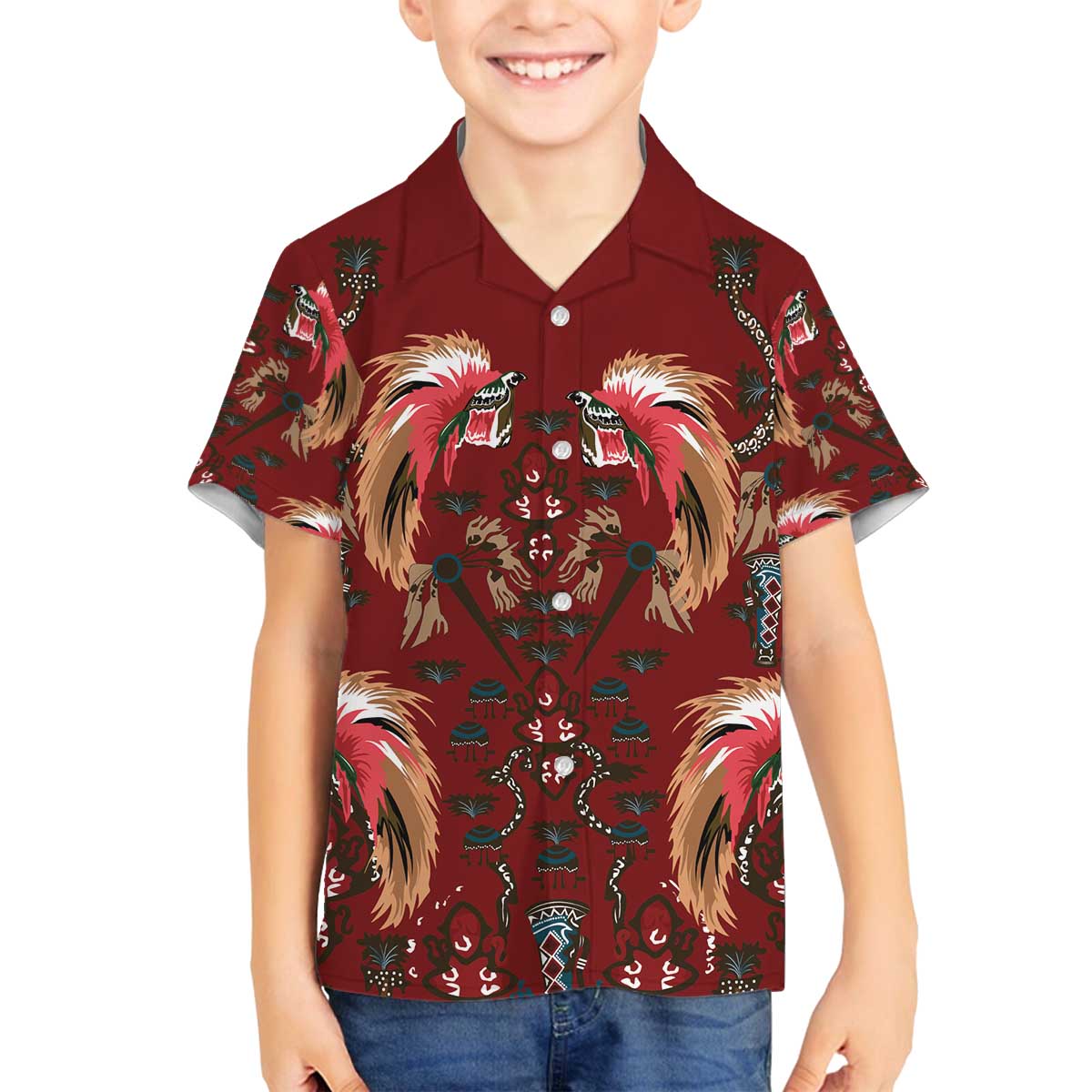 Oxblood Bird of Batik Papua Family Matching Off The Shoulder Long Sleeve Dress and Hawaiian Shirt Exotic Natural Wealth of Papua - Polynesian Pride