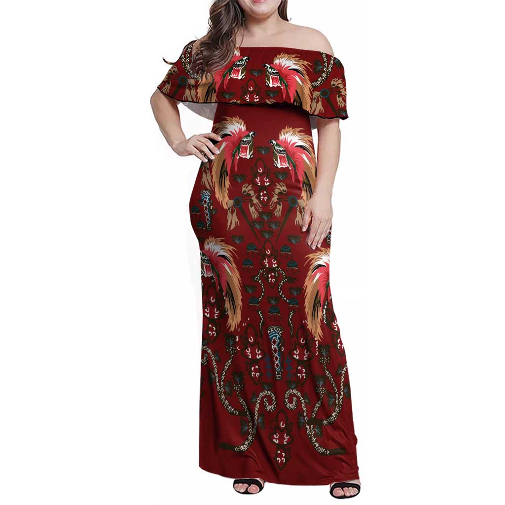 Oxblood Bird of Batik Papua Family Matching Off Shoulder Maxi Dress and Hawaiian Shirt Exotic Natural Wealth of Papua - Polynesian Pride