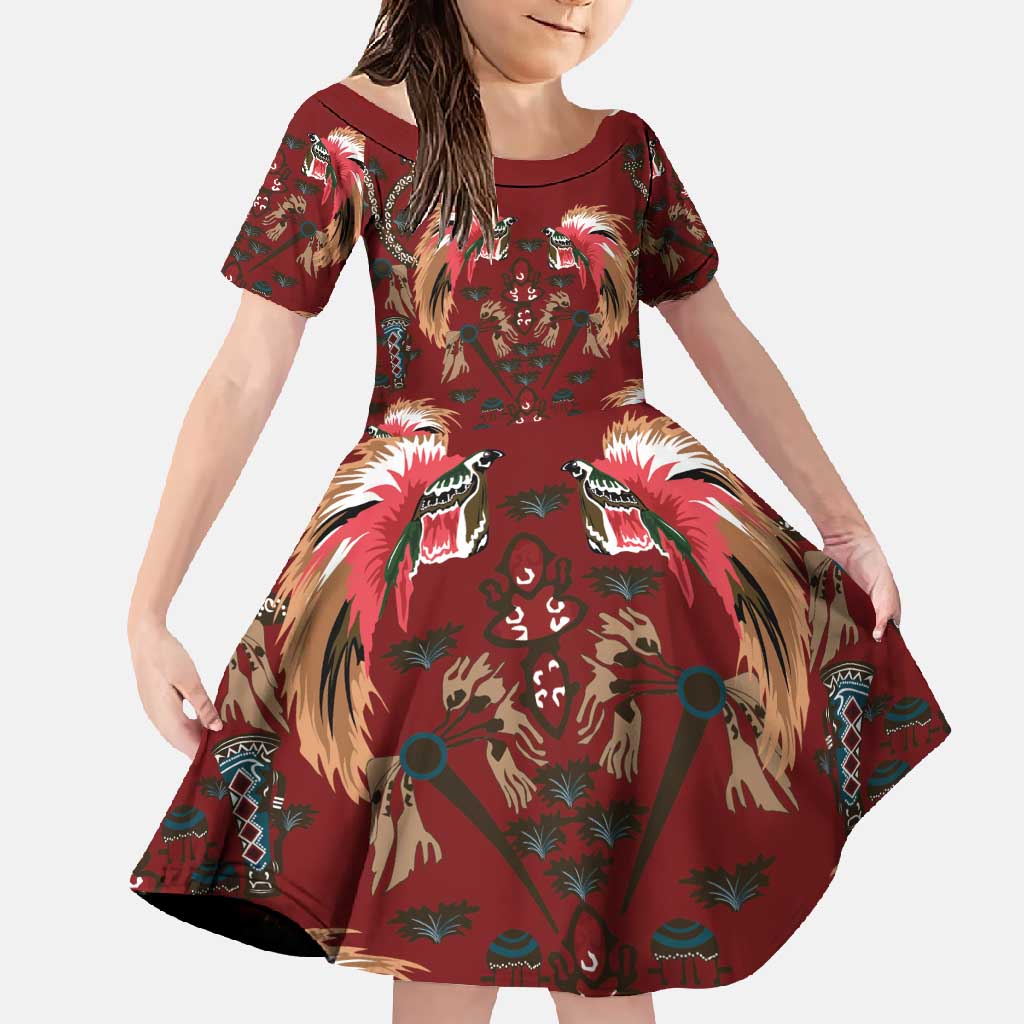 Oxblood Bird of Batik Papua Family Matching Short Sleeve Bodycon Dress and Hawaiian Shirt Exotic Natural Wealth of Papua LT9 Daughter's Dress Red - Polynesian Pride