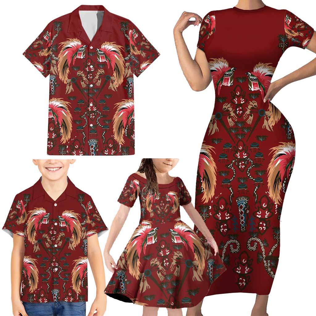 Oxblood Bird of Batik Papua Family Matching Short Sleeve Bodycon Dress and Hawaiian Shirt Exotic Natural Wealth of Papua LT9 - Polynesian Pride