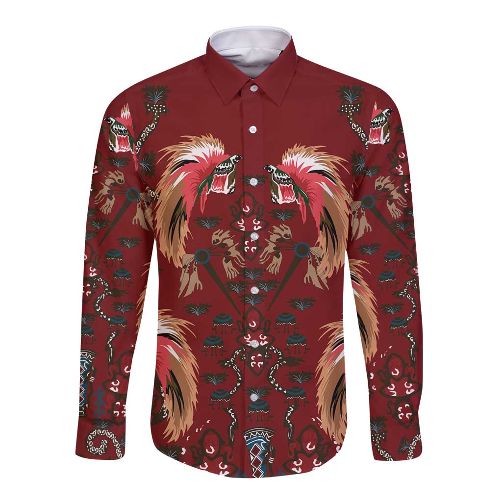 Oxblood Bird of Batik Papua Long Sleeve Button Shirt Exotic Natural Wealth of Papua LT9 Unisex Red - Polynesian Pride