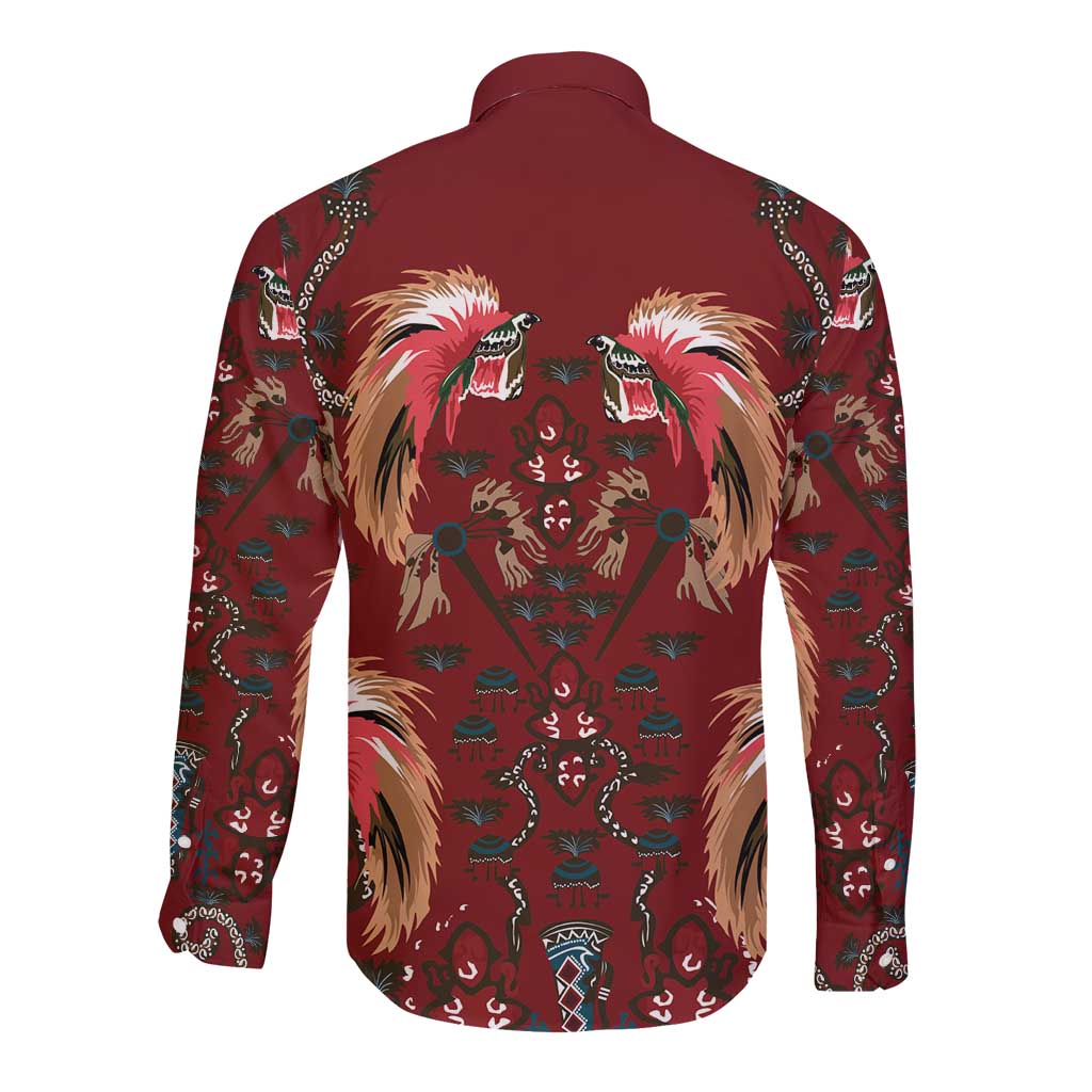 Oxblood Bird of Batik Papua Long Sleeve Button Shirt Exotic Natural Wealth of Papua LT9 - Polynesian Pride