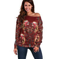 Oxblood Bird of Batik Papua Off Shoulder Sweater Exotic Natural Wealth of Papua LT9 Women Red - Polynesian Pride