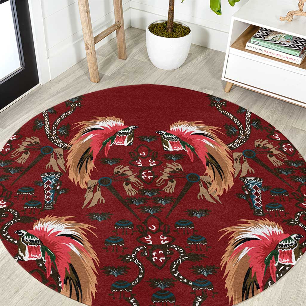 Oxblood Bird of Batik Papua Round Carpet Exotic Natural Wealth of Papua - Polynesian Pride