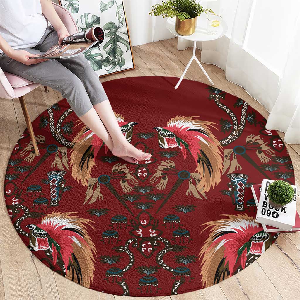 Oxblood Bird of Batik Papua Round Carpet Exotic Natural Wealth of Papua - Polynesian Pride