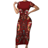 Oxblood Bird of Batik Papua Short Sleeve Bodycon Dress Exotic Natural Wealth of Papua LT9 Long Dress Red - Polynesian Pride