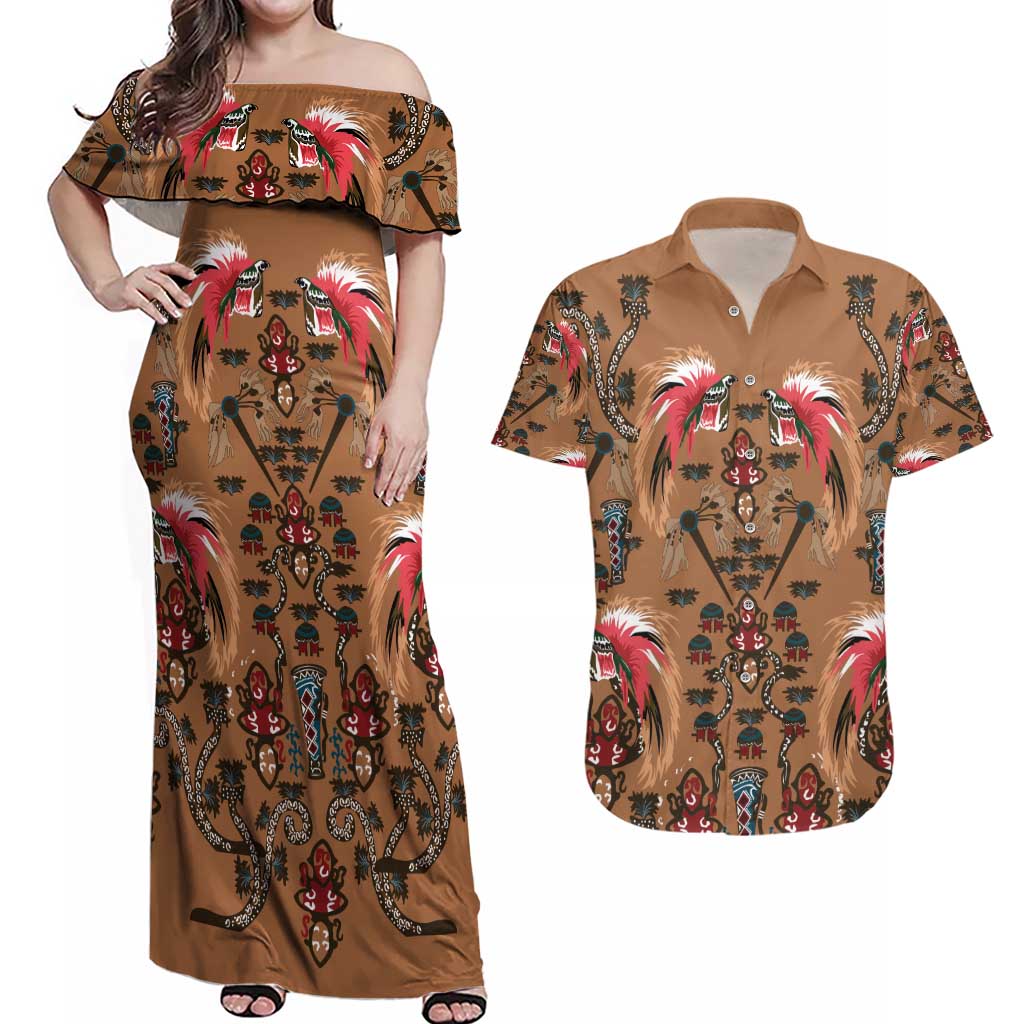 Terracotta Bird of Batik Papua Couples Matching Off Shoulder Maxi Dress and Hawaiian Shirt Exotic Natural Wealth of Papua - Polynesian Pride