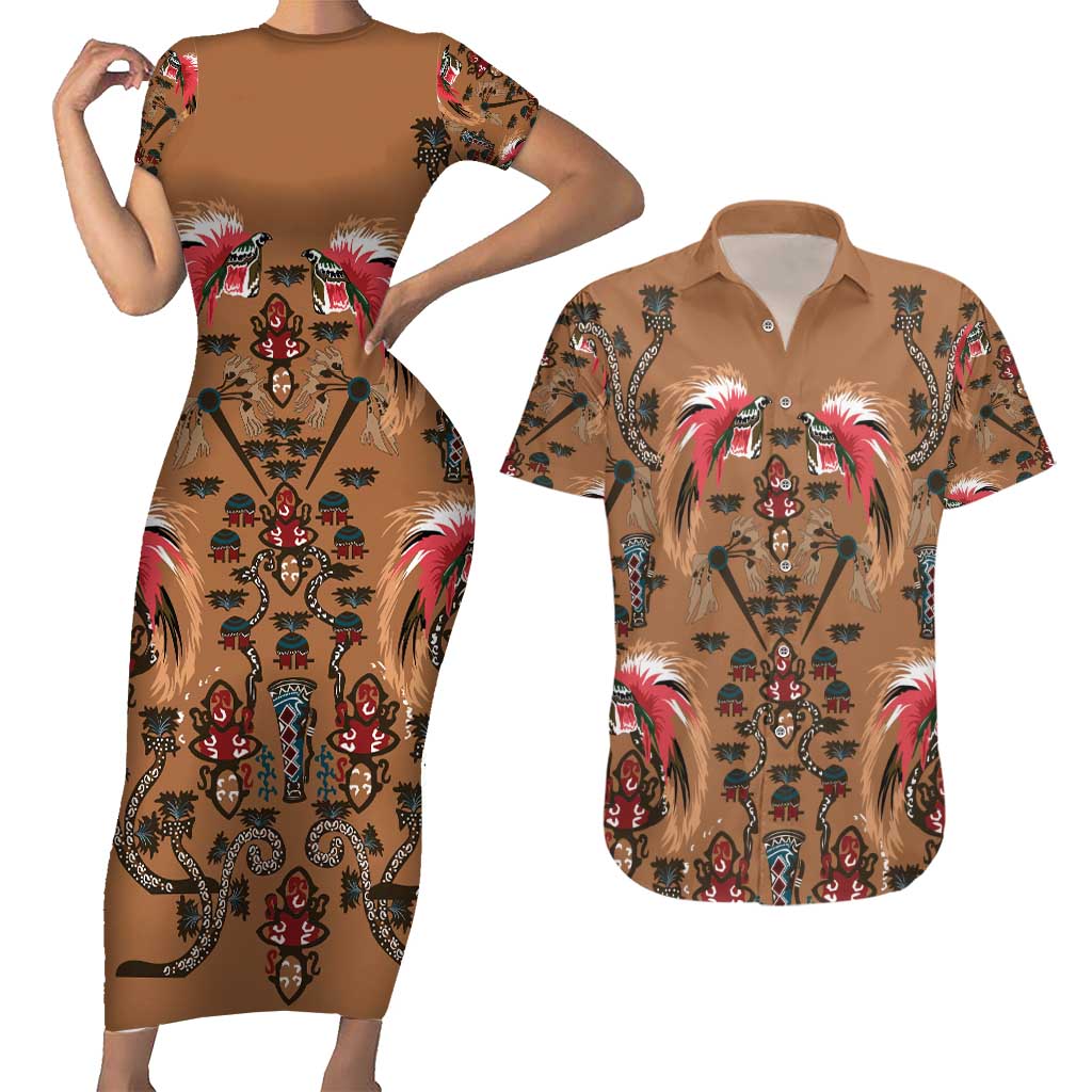 Terracotta Bird of Batik Papua Couples Matching Short Sleeve Bodycon Dress and Hawaiian Shirt Exotic Natural Wealth of Papua - Polynesian Pride