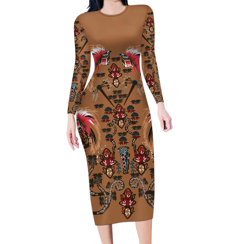 Terracotta Bird of Batik Papua Family Matching Long Sleeve Bodycon Dress and Hawaiian Shirt Exotic Natural Wealth of Papua LT9 Mom's Dress Gold - Polynesian Pride