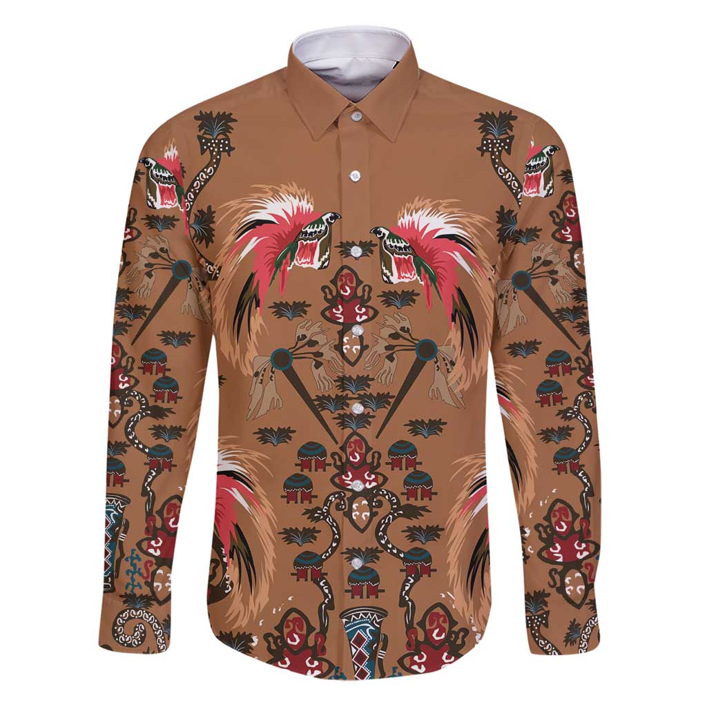 Terracotta Bird of Batik Papua Family Matching Puletasi and Hawaiian Shirt Exotic Natural Wealth of Papua LT9 Dad's Shirt - Long Sleeve Gold - Polynesian Pride