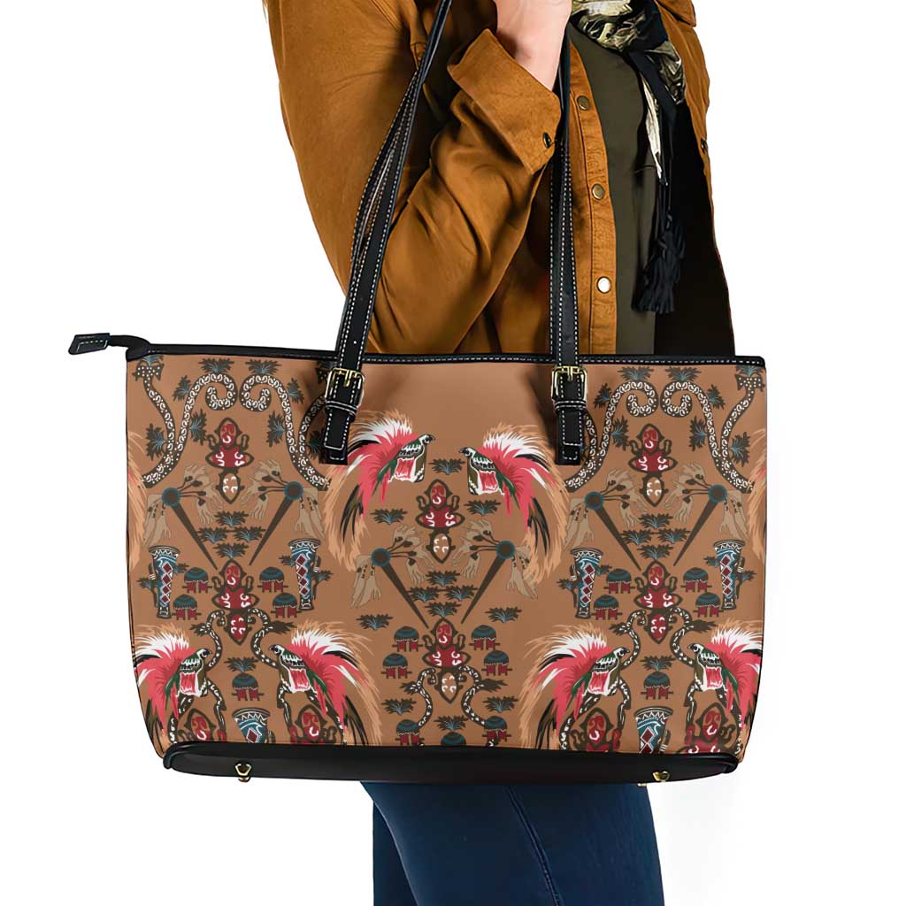 Terracotta Bird of Batik Papua Leather Tote Bag Exotic Natural Wealth of Papua LT9 - Polynesian Pride