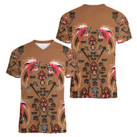 Terracotta Bird of Batik Papua Women V-Neck T-Shirt Exotic Natural Wealth of Papua - Polynesian Pride