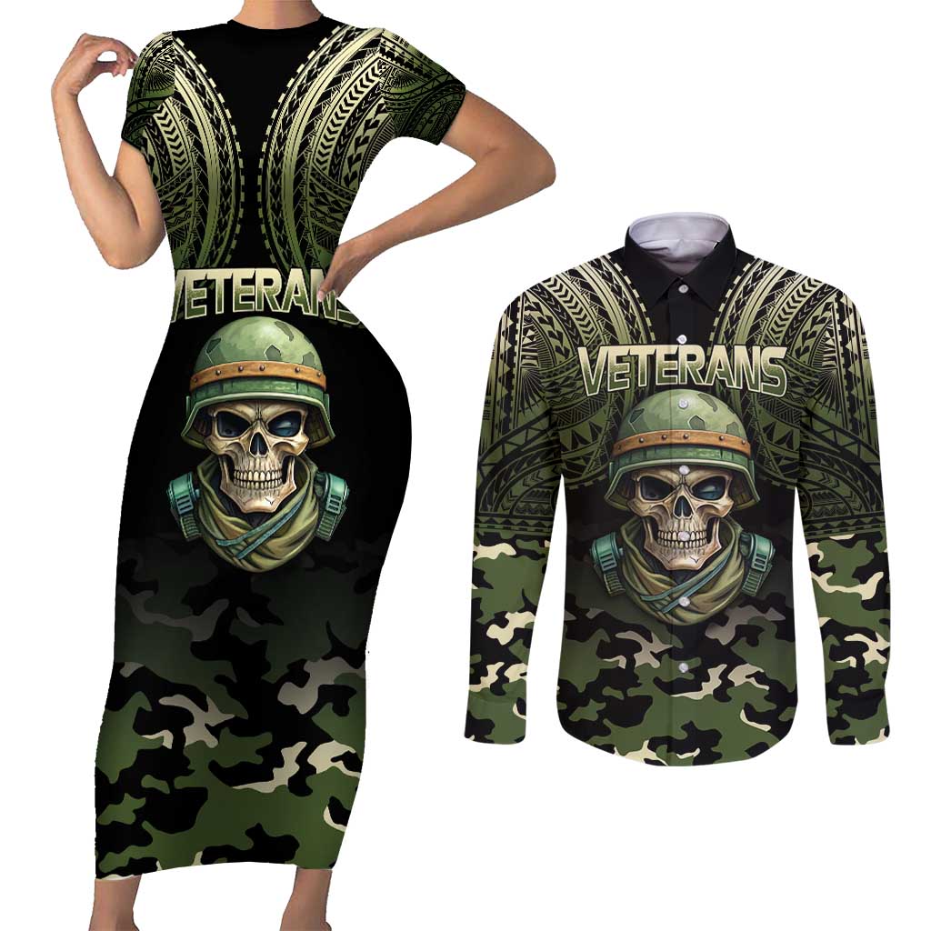 Veterans Day Couples Matching Short Sleeve Bodycon Dress and Long Sleeve Button Shirt War Never Leaves A Veteran Proud Military