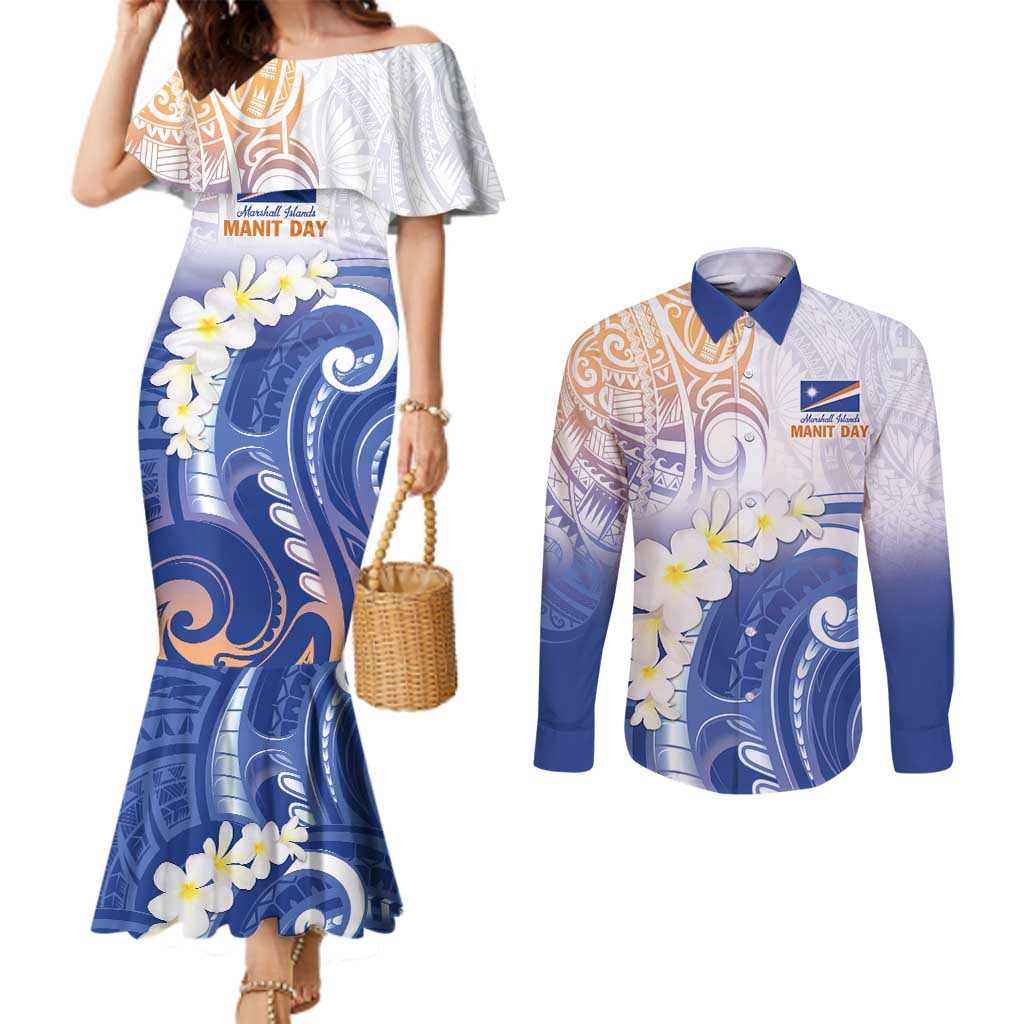 Marshall Islands Manit Day Couples Matching Mermaid Dress and Long Sleeve Button Shirt Plumeria and Polynesian Tribal