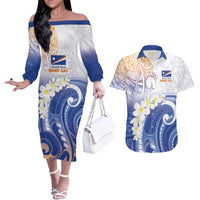 Marshall Islands Manit Day Couples Matching Off The Shoulder Long Sleeve Dress and Hawaiian Shirt Plumeria and Polynesian Tribal