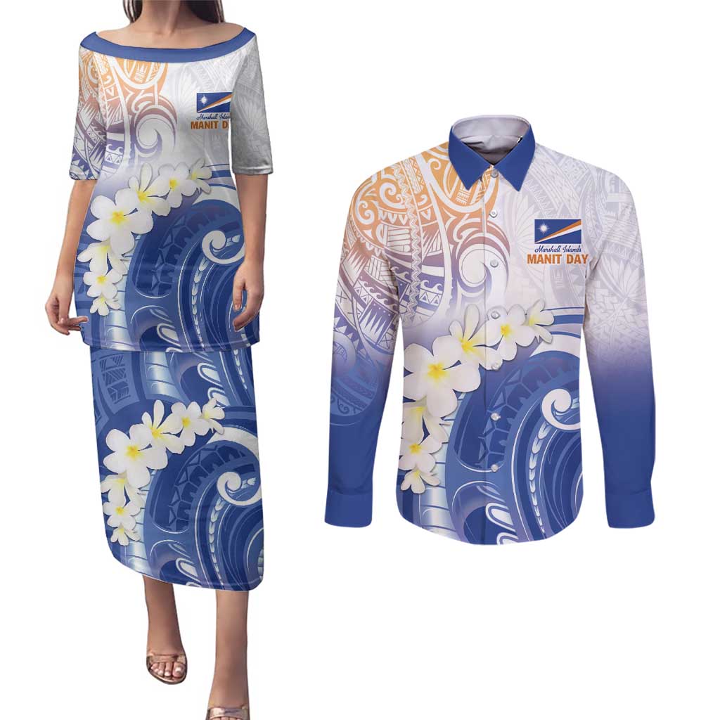 Marshall Islands Manit Day Couples Matching Puletasi and Long Sleeve Button Shirt Plumeria and Polynesian Tribal