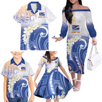 Marshall Islands Manit Day Family Matching Off The Shoulder Long Sleeve Dress and Hawaiian Shirt Plumeria and Polynesian Tribal