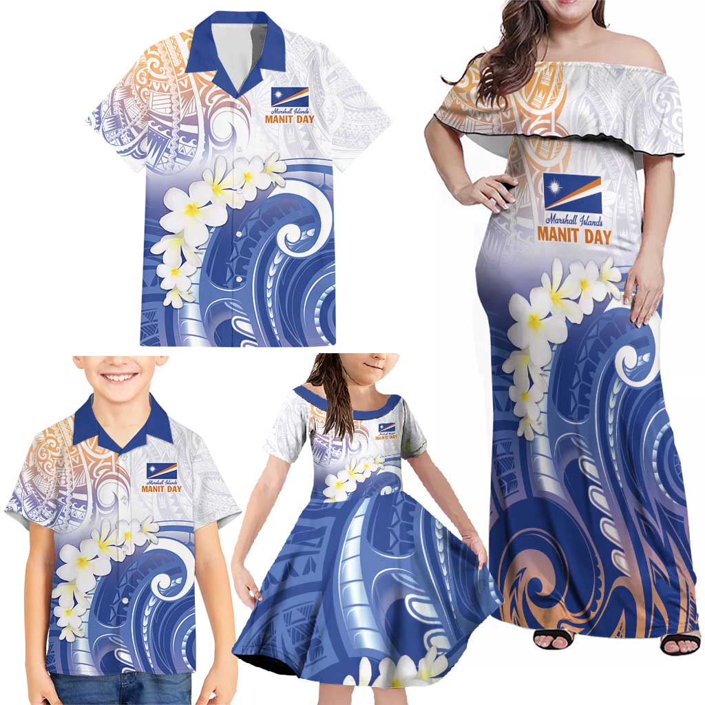 Marshall Islands Manit Day Family Matching Off Shoulder Maxi Dress and Hawaiian Shirt Plumeria and Polynesian Tribal