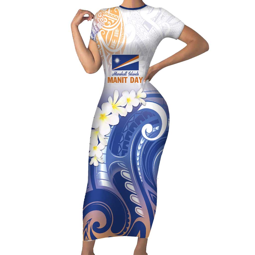 Marshall Islands Manit Day Short Sleeve Bodycon Dress Plumeria and Polynesian Tribal