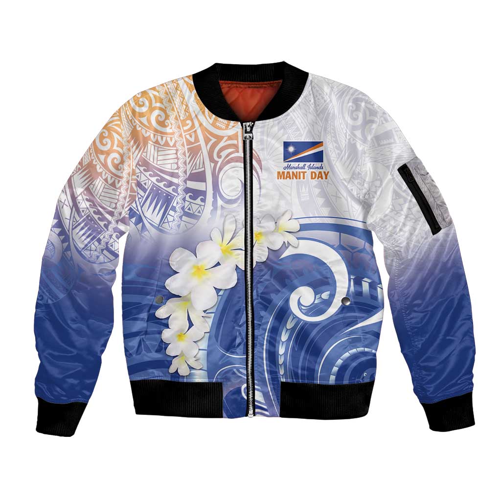 Marshall Islands Manit Day Sleeve Zip Bomber Jacket Plumeria and Polynesian Tribal