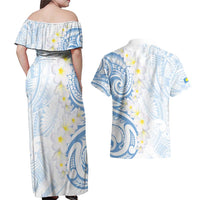 Palau 1981 Tribal Tattoo Couples Matching Off Shoulder Maxi Dress and Hawaiian Shirt with Belau Plumeria Flowers