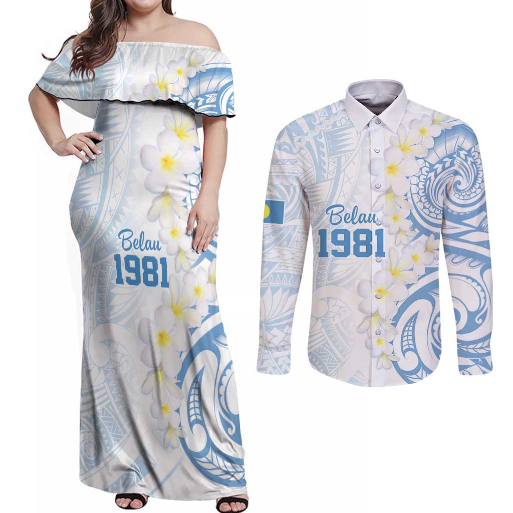 Palau 1981 Tribal Tattoo Couples Matching Off Shoulder Maxi Dress and Long Sleeve Button Shirt with Belau Plumeria Flowers