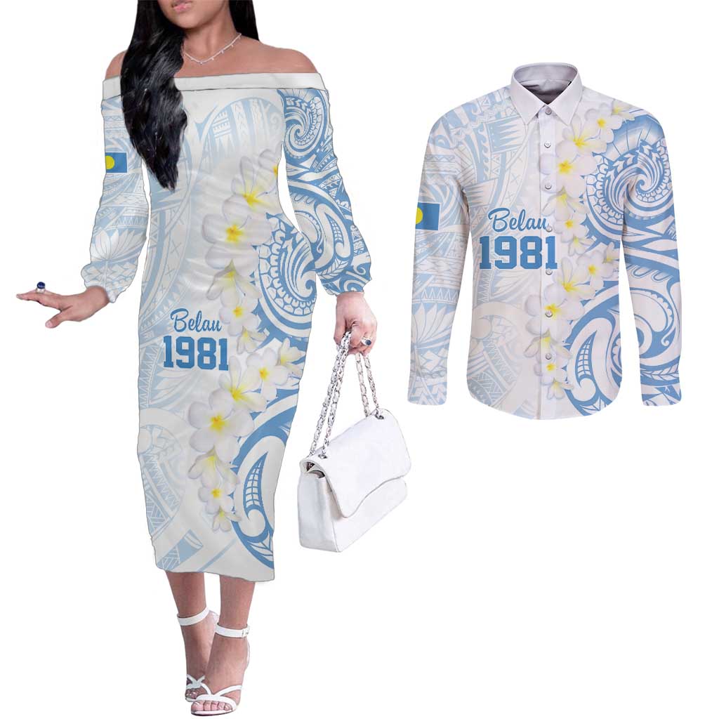 Palau 1981 Tribal Tattoo Couples Matching Off The Shoulder Long Sleeve Dress and Long Sleeve Button Shirt with Belau Plumeria Flowers