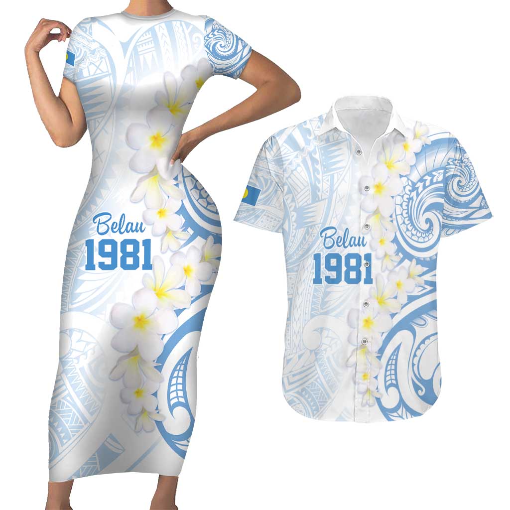 Palau 1981 Tribal Tattoo Couples Matching Short Sleeve Bodycon Dress and Hawaiian Shirt with Belau Plumeria Flowers