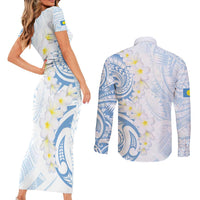 Palau 1981 Tribal Tattoo Couples Matching Short Sleeve Bodycon Dress and Long Sleeve Button Shirt with Belau Plumeria Flowers
